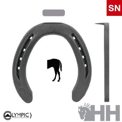 Ferradura cinzenta com silhueta de cavalo e logos HH e Olympic em fundo branco