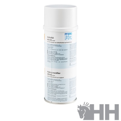 Lata branca de spray PFERD Schleiföl 410 FE com rótulo branco e azul