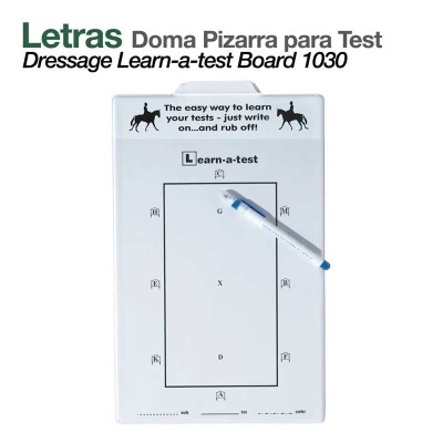 Quadro branco magnético para dressage com caneta azul e texto em inglês.