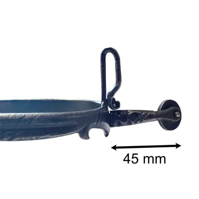 Produto de ferro fundido preto com alça vertical e legenda 45 mm