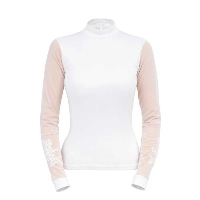 Camisola feminina branca com mangas transparentes decoradas