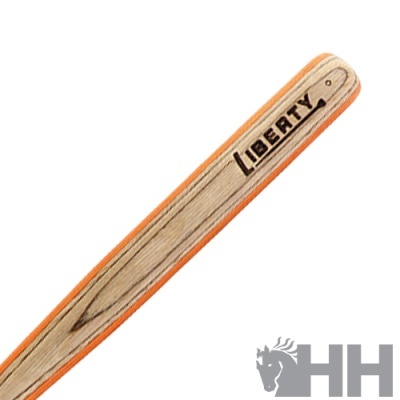 Ponta de taco de hóquei em madeira com bordas laranja e a marca LIBERTY