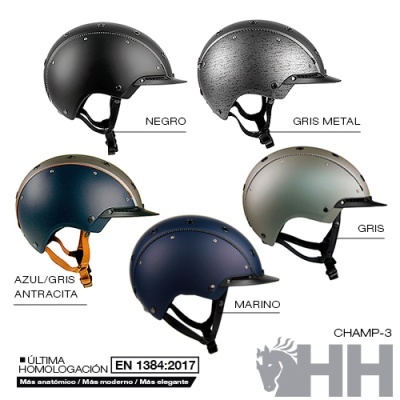 Capacetes de proteção em várias cores foscas com detalhes metálicos e texto de homologação