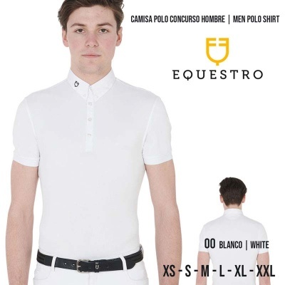 Homem de camisa polo branca EQUESTRO com cinto preto e vista frontal e traseira do produto.