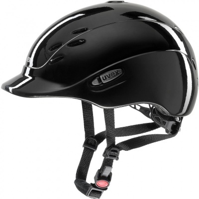 capacete preto uvex com alças pretas e fecho vermelho
