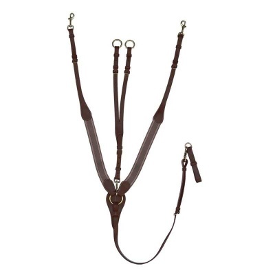 Arnês castanho de pele com argolas metálicas e tiras ajustáveis