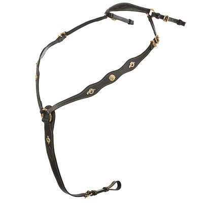 Pochete preta em couro com fivelas douradas e elementos decorativos