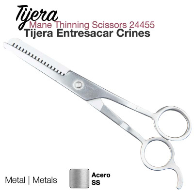 Tesoura metálica de desbaste para cabelo com texto informativo