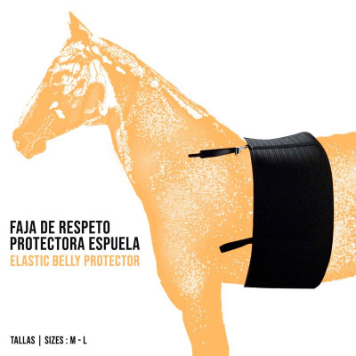 Faja protetora elástica preta para barriga de cavalo com texto em espanhol e inglês