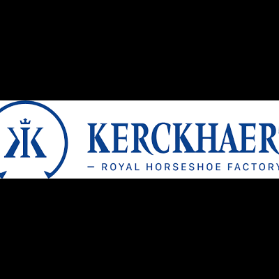 Logótipo azul da KERCKHAERT com texto 'KERCKHAERT ROYAL HORSESHOE FACTORY'