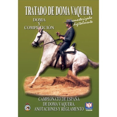 Capa de livro verde com cavaleiro montando cavalo branco e texto em espanhol sobre doma vaquera