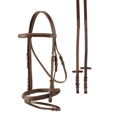Conjunto de cabresto e rédeas em pele castanha