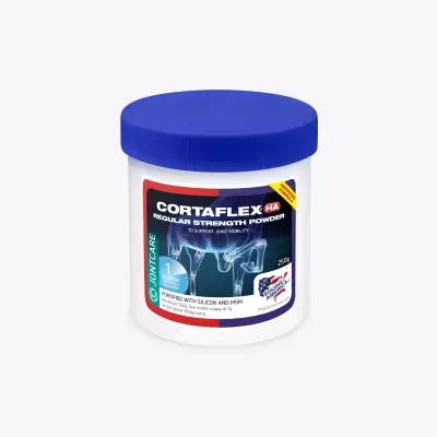 Frasco de suplemento em pó para mobilidade articular com rótulo azul preto e vermelho