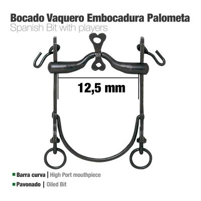 Bocado Vaquero Embocadura Palometa em metal escuro com texto informativo