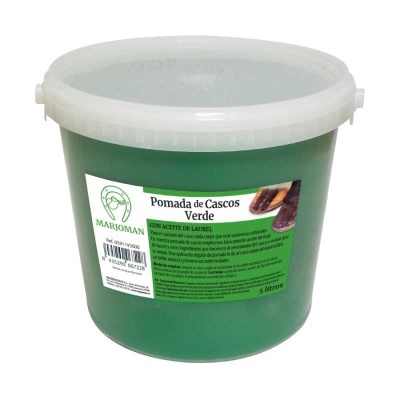Balde verde de plástico com tampa branca e rótulo Pomada de Cascos Verde da MARJOMAN