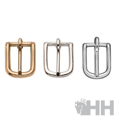 Três fivelas metálicas para cinturão em dourado, prateado brilhante e prateado mate