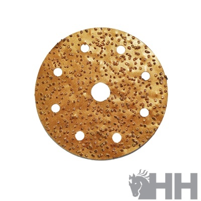 Disco abrasivo circular marrom com vários furos e textura granada