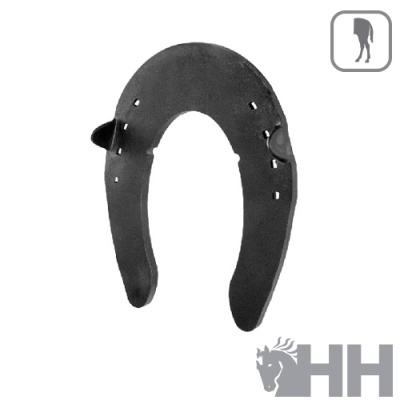 Ferradura metálica preta com orifícios em fundo branco e logo HH