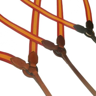 Tres suspensórios laranja, amarelo e vermelho com detalhes em pele castanha e preta