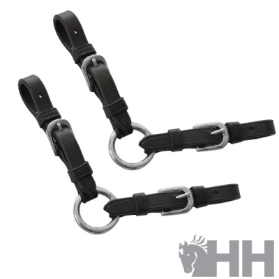 Par de acessórios equinos pretos em couro com fivelas metálicas e argolas
