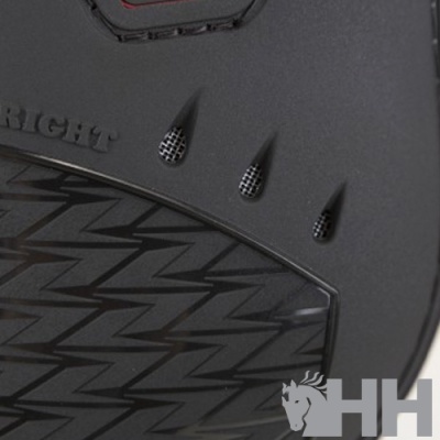 close-up de produto preto com textura em ziguezague e palavra RIGHT