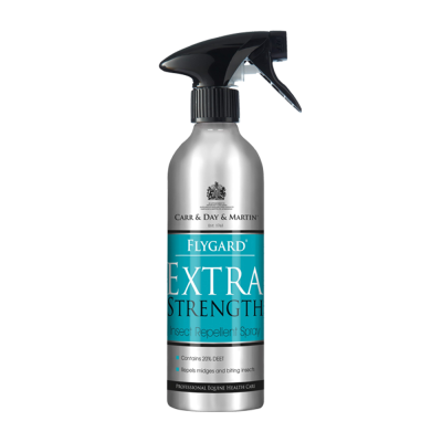 Spray repelente de insetos Flygard Extra Strength em frasco prateado com aplicador preto