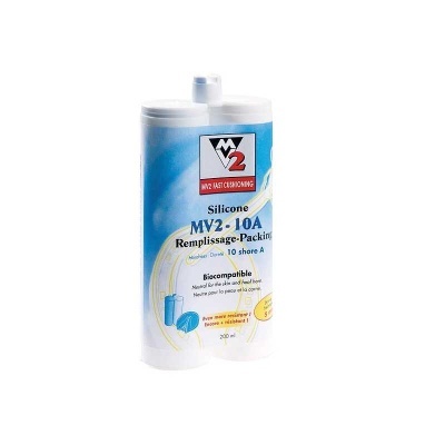 Frasco de silicone MV2-10A azul e branco com texto impresso