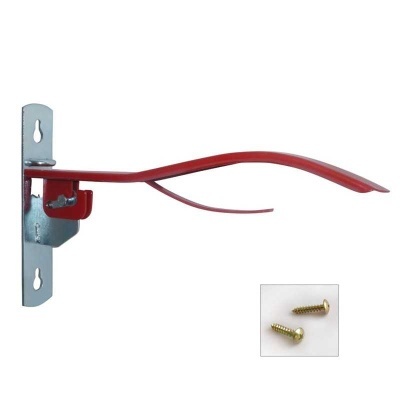 Suporte metálico vermelho com base prateada e parafusos dourados