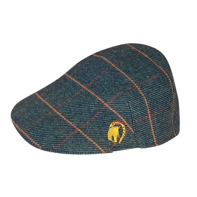 Boina masculina azul escuro com padrão xadrez e bordado amarelo
