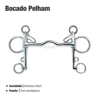 Bocado Pelham em aço inoxidável com boca ponte de 10,5 cm, aneis para fixação, fundo branco