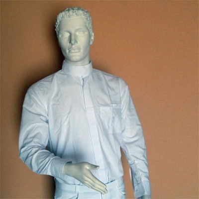 Mannequin wearing a white long-sleeve shirt with chest pocket on beige background