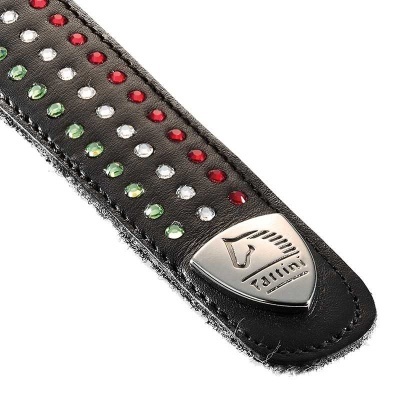 Correia preta de pele com detalhes coloridos e etiqueta metálica Tatini