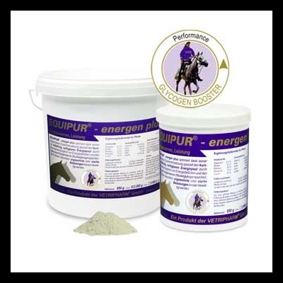 Suplementos EQUIPUR®-energen plus para cavalos em embalagem branca e rótulo azul e branco