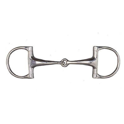 Freio de metal prateado com argolas redondas e elo central articulado