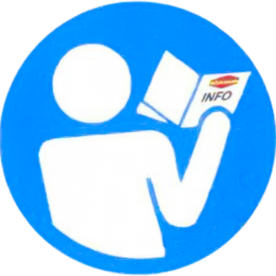 Símbolo azul com figura branca a ler livreto com a palavra INFO