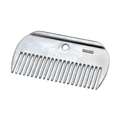 Pente metálico prateado com dentes grossos e buraco no centro