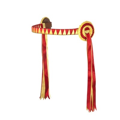 Coroa ou fita de prémio vermelha e dourada com roseta e fitas penduradas