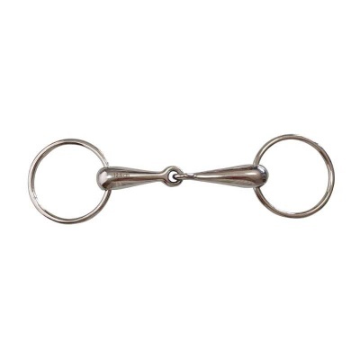 Mordaça metálica prateada para cavalo com duas argolas e peça central móvel