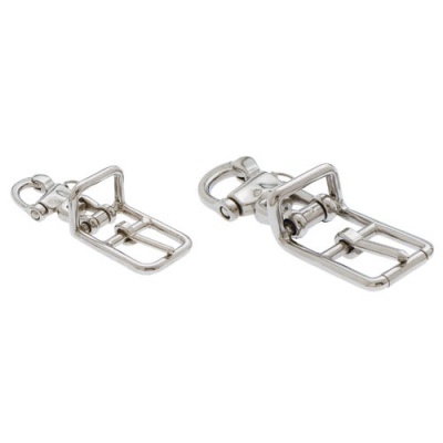 Dois fechos articulares metálicos prateados com trava e base retangular