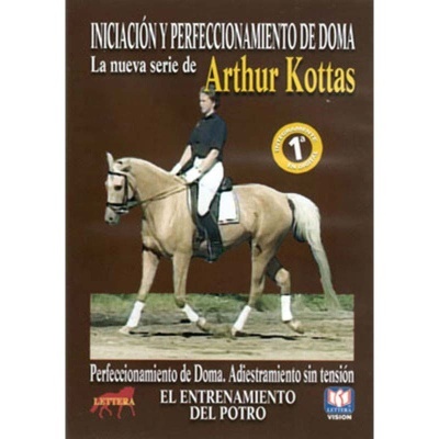 Capa de DVD com cavalo e cavaleiro, texto em espanhol sobre doma e treino de potro