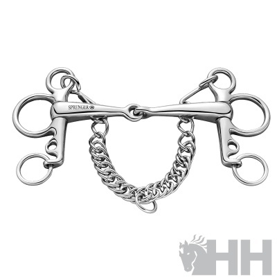 Freio para cavalo em metal prateado com corrente e argolas