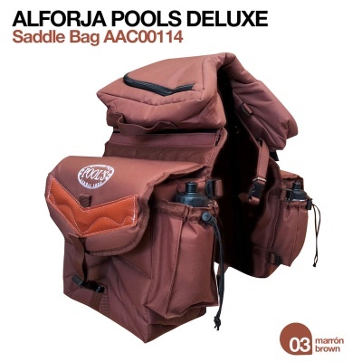 Alforja marrom Saddle Bag AAC00114 da POOLS DELUXE para bicicleta com várias bolsas e logo