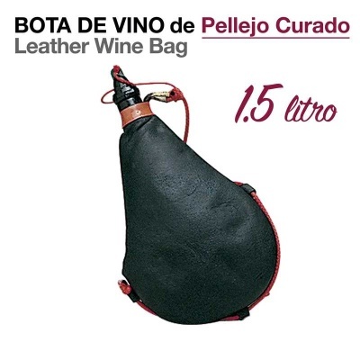 Bolsa de vinho tipo bota em pele preta com detalhes castanhos e cordas vermelhas, capacidade 1.5 litro