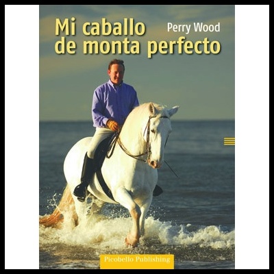Homem montado em cavalo branco na água do mar, capa do livro 'Mi caballo de monta perfecto'