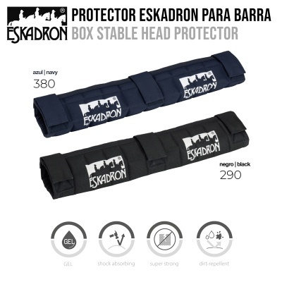 Dois protetores de barra Eskadron, azul marinho e preto, com etiquetas e fechos de velcro