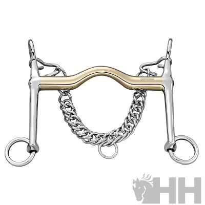 Freio de cavalo metálico prateado com peça central dourada e corrente