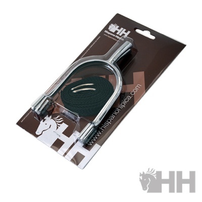 Estribo metálico cromado e cinta preta em embalagem castanha HH