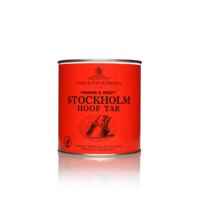 Lata vermelha de Stockolm Hoof Tar com texto e ilustração de casco