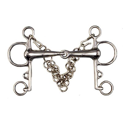 Freio de equitação metálico prateado com corrente de ajuste