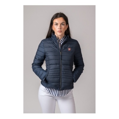 Casaco acolchoado azul escuro com fecho de correr e bolso lateral